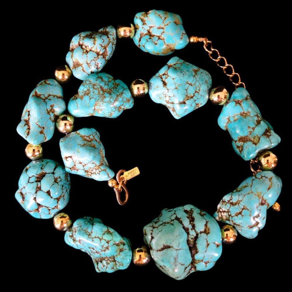 VINTAGE Kenneth Jay Lane Turquoise Nugget Statement Necklace Signed 17"-21" - Picture 3 of 8